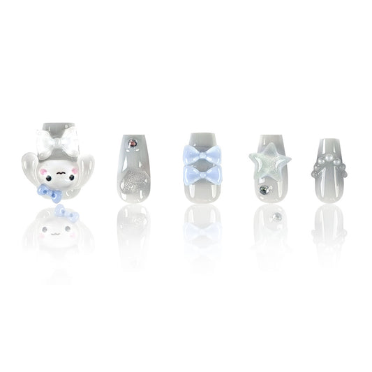 Whimsical Dreams Medium Coffin Soft White with Adorable Bow and Star Accents Press On Nail Set