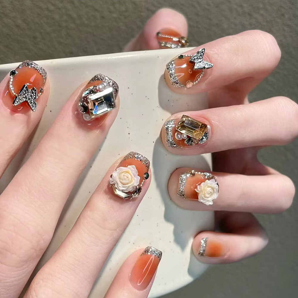 Glamorous Garden Elegant Short Square Orange Press-On Nail Set with Stunning Gemstone Accents