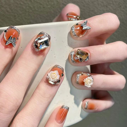 Glamorous Garden Elegant Short Square Orange Press-On Nail Set with Stunning Gemstone Accents