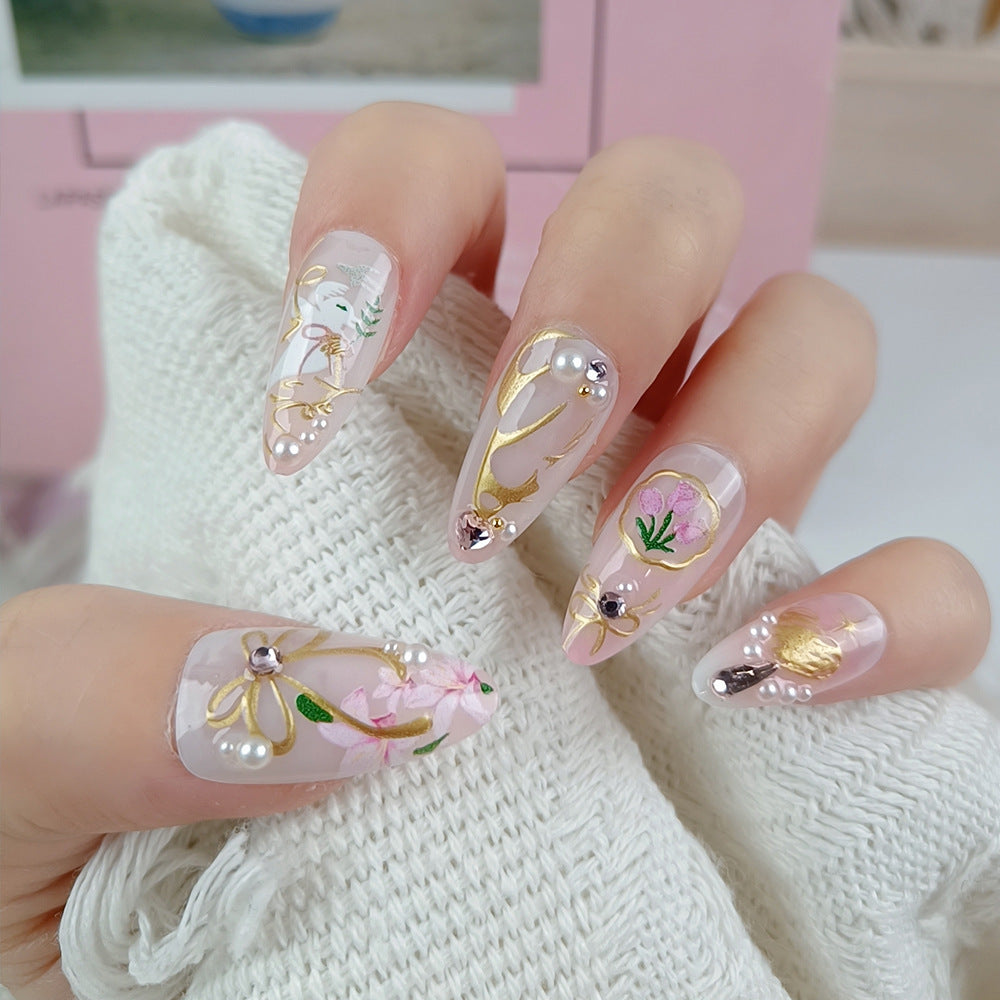 Whimsical Floral Dream Long Almond Clear Pink Press On Nail Set with Glamorous Pearl Accents