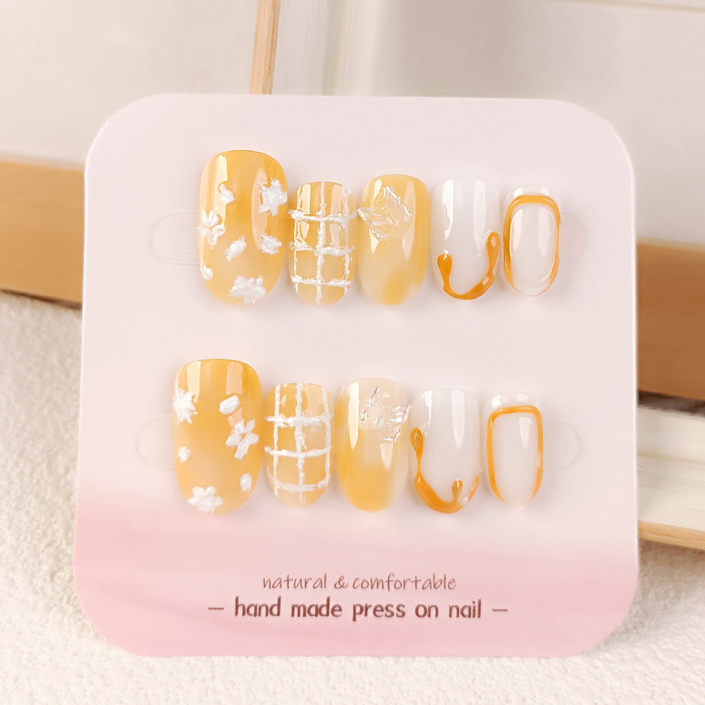 Sunshine Dreams Medium Round Yellow Floral Nail Set with Unique Handcrafted Designs