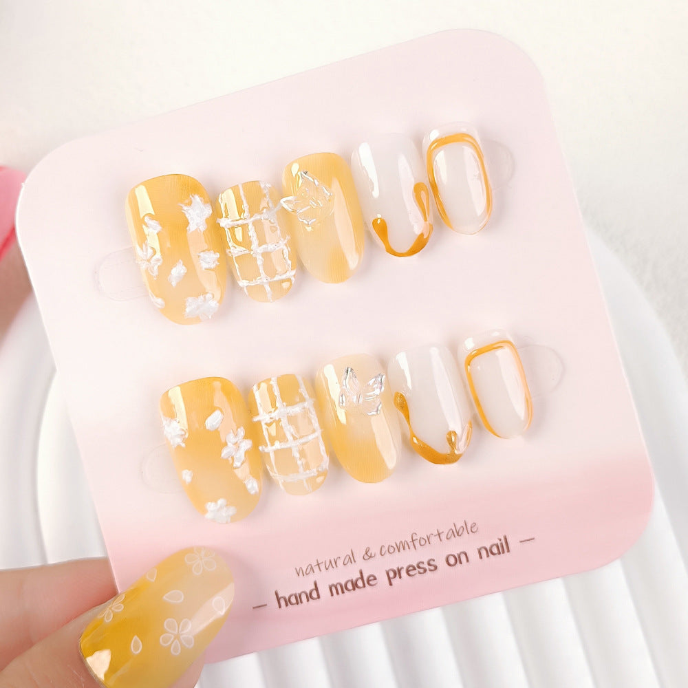 Sunshine Inspired Medium Oval Yellow Floral Accented Press On Nail Set