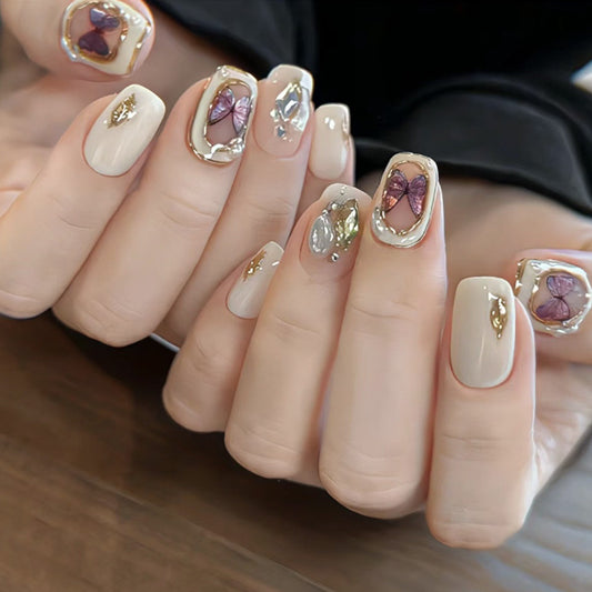 Butterfly Blossom Short Square Press On Nail Set in Beige with Elegant Butterfly and Gemstone Accents