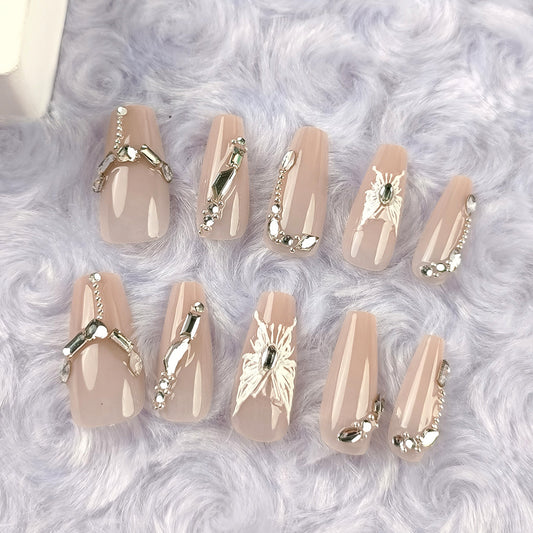 Chic Elegance Long Coffin Beige Press-On Nail Set with Stunning Gemstone Designs
