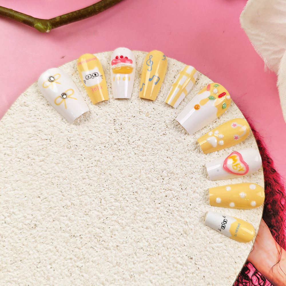 Sunny Delight Medium Coffin Yellow Press-On Nail Set with Whimsical Designs
