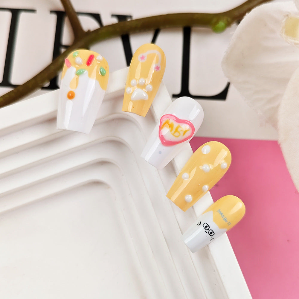 Sunny Delight Long Coffin Yellow Nail Set with Playful Pearl Accents