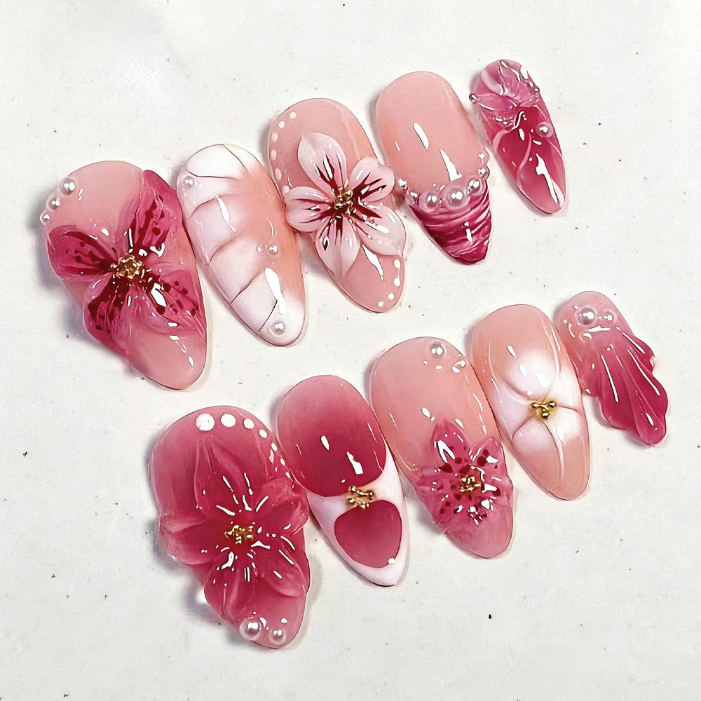 Blooming Elegance Long Almond Pink Floral Nail Set