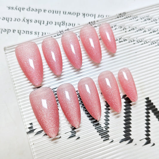 Dreamy Elegance Long Almond Pink Ombre Press-On Nail Set with Sparkling Glitter Finish
