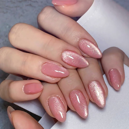 Glamorous Fairy Tale Press on Nails Long Almond Blush Pink Iridescent Shine