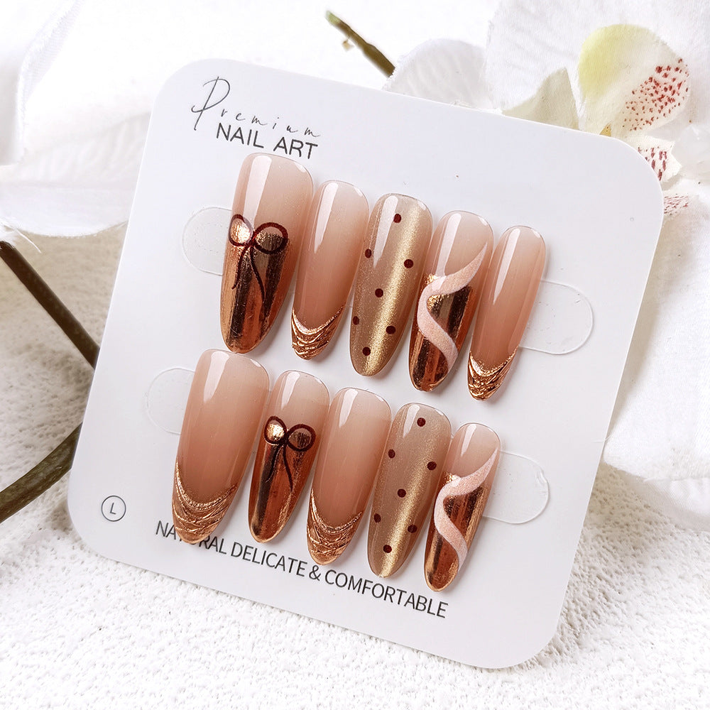 Elegant Autumn Vibes Long Almond Brown Gradient with Shimmer Design Press on Nail Set