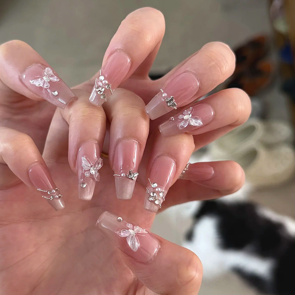 Elegant Garden Acrylic Press On Nails in Long Coffin Light Pink with Floral Embellishments