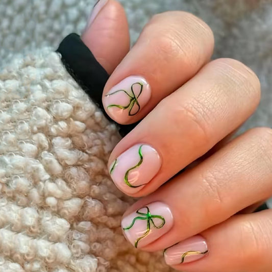 Charming Garden Inspired Short Square Peach Press On Nail Set with Elegant Green Swirl Designs