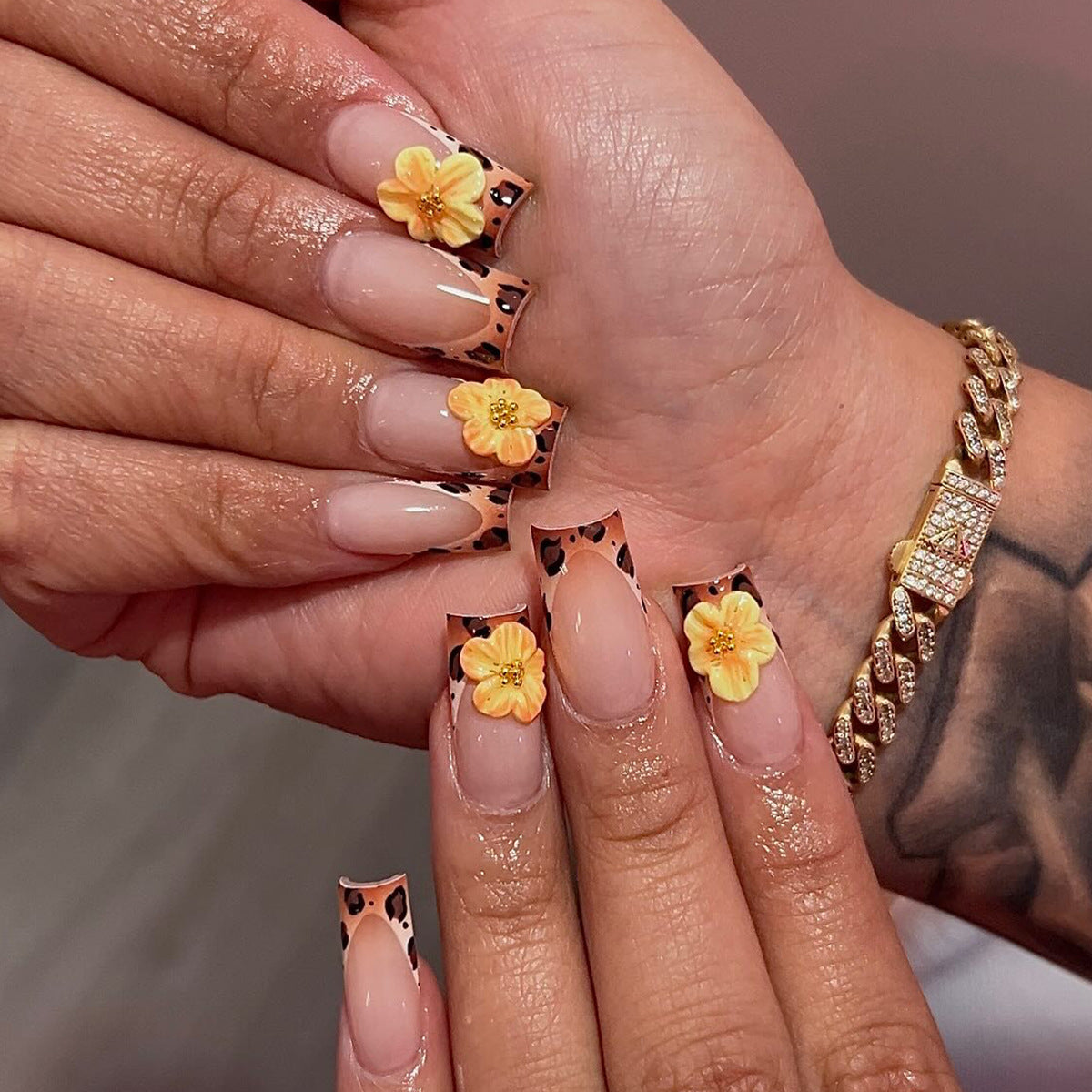 Wildflower Inspired Medium Square Beige Nails with Floral Accents