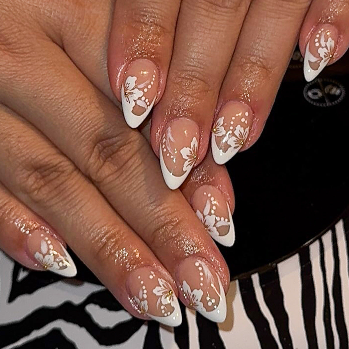 Tropical Bliss Medium Almond White Floral Press On Nail Set with Elegant Cutouts