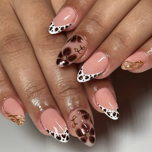 Chic Safari Long Almond Shaped Beige and White Press On Nail Set with Stylish Gold Accents