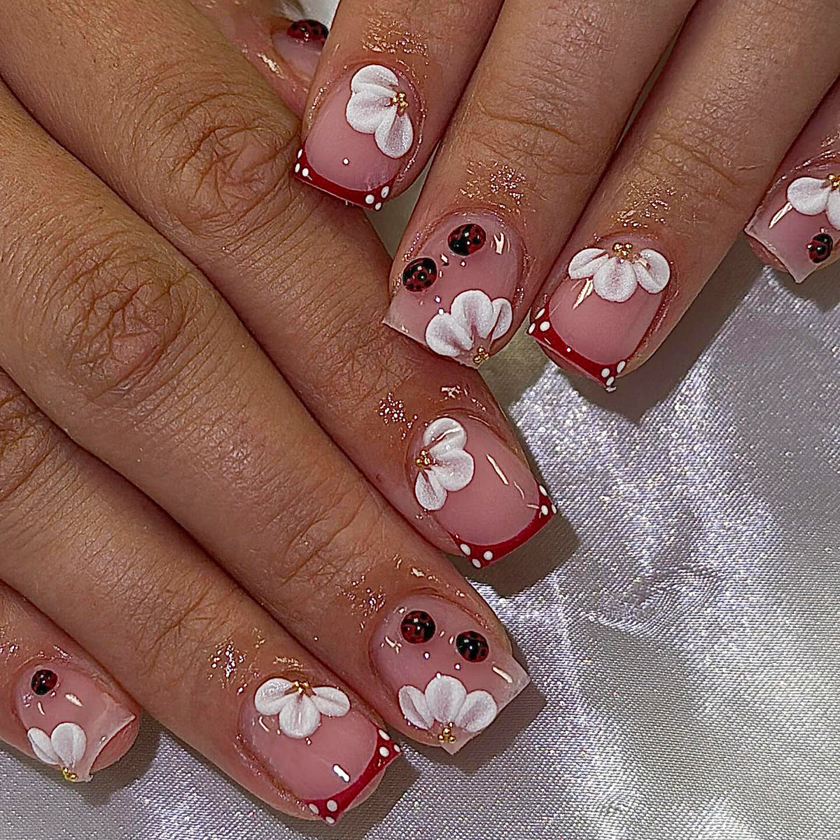 Whimsical Floral Short Square Pink Design with Ladybug Accents