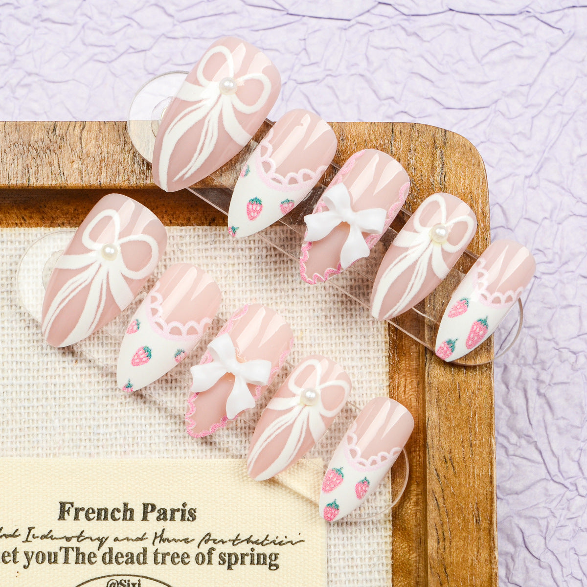 Charming Spring Bliss Pink Long Almond Press On Nails with Bow and Strawberry Design