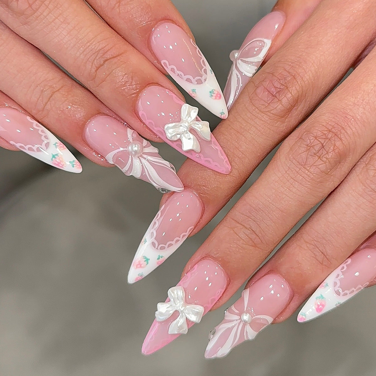 Charming Enchantment Trendy Long Almond Pink and White with Elegant Bow and Floral Design Press on Nail Set