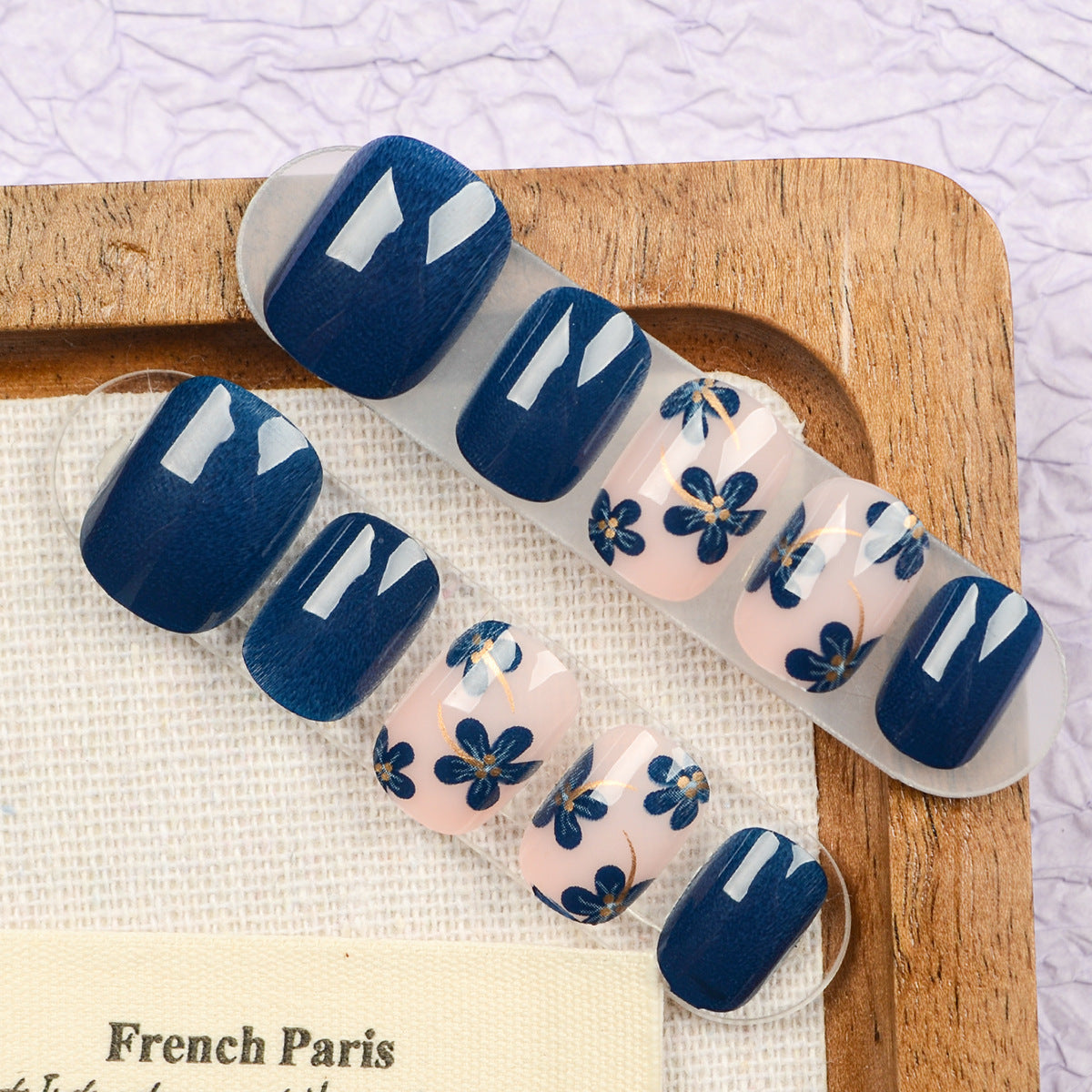 Elegant Floral Dream Press On Nail Set Short Square Navy Blue with Delicate Flower Accents