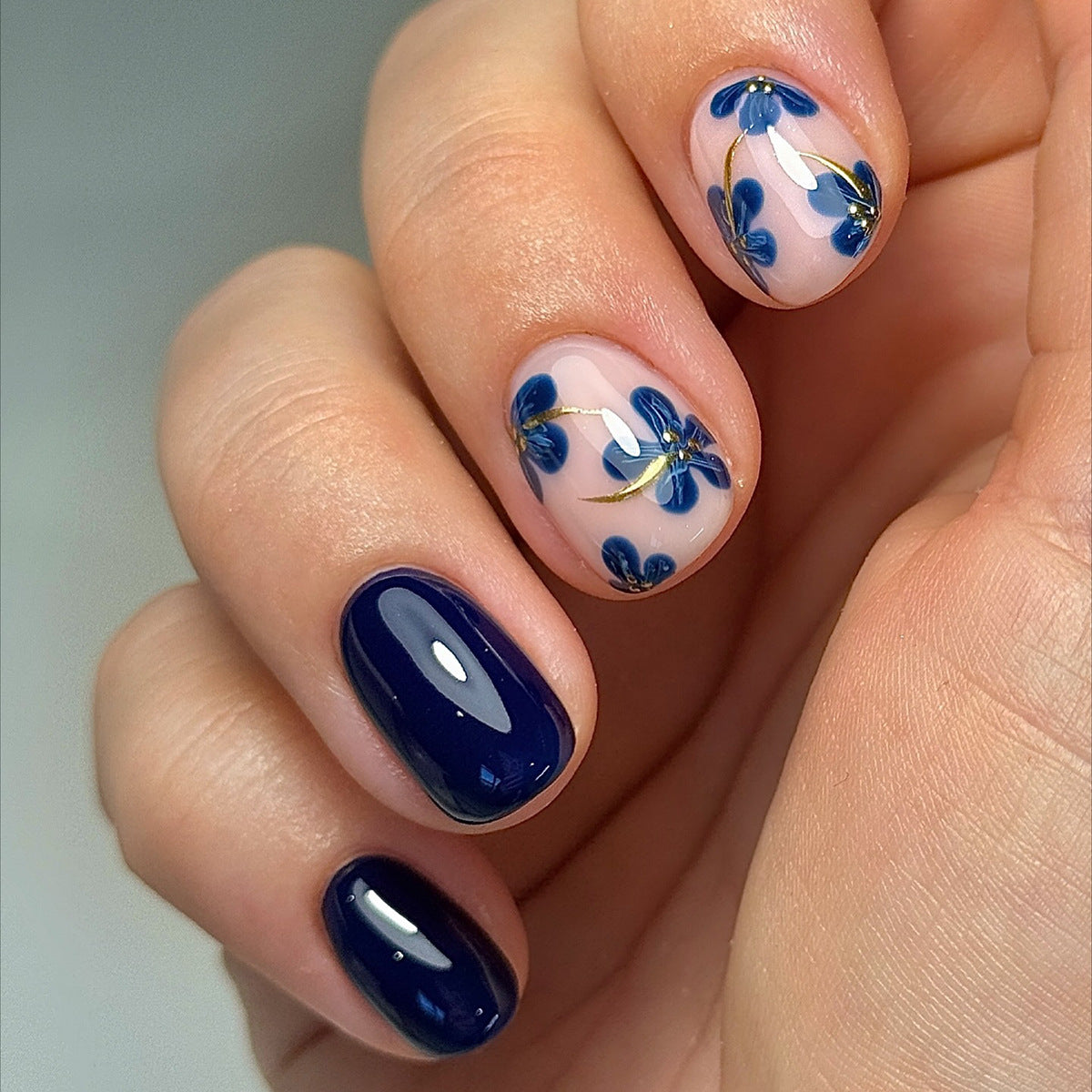 Botanical Elegance Short Squoval Navy Blue with Floral Design Press On Nail Set