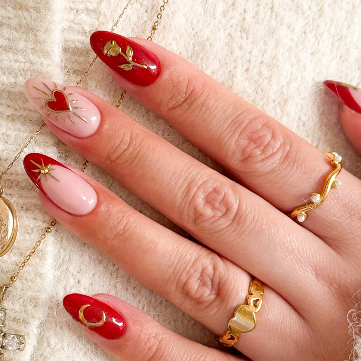 Romantic Elegance Long Almond Red and Pink Gradient Press on Nail Set with Floral and Celestial Accents