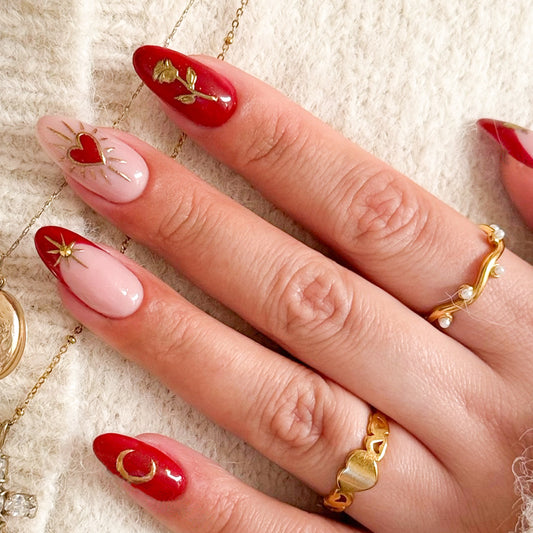 Romantic Elegance Long Almond Red and Pink Gradient Press on Nail Set with Floral and Celestial Accents