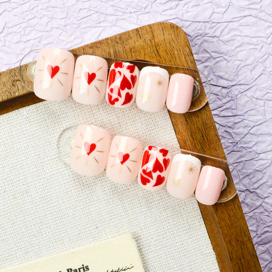 Romantic Love Inspired Square Short Length Glossy Pink and Red Heart Decorated Press On Nail Set