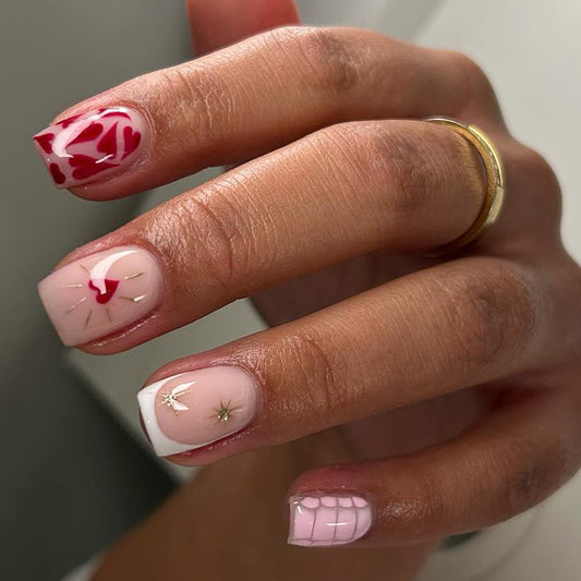 Romantic Floral Short Square Pink and Red Press-On Nail Set with Unique Gold Star Accents