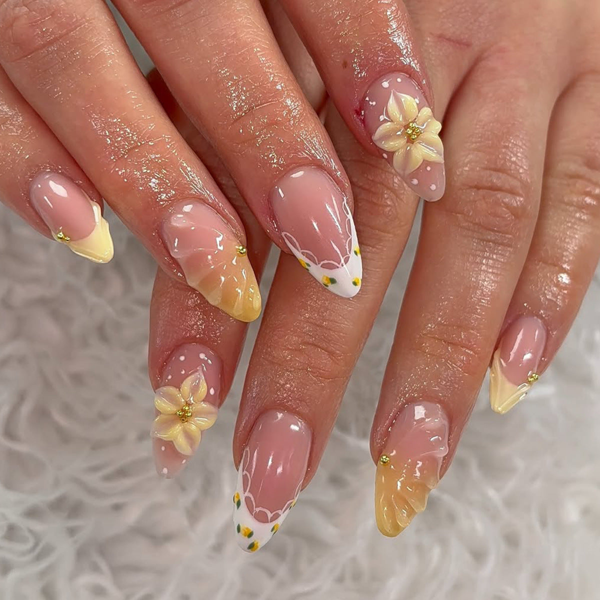 Botanical Bliss Medium Almond Pink with Floral Accents Press on Nail Set