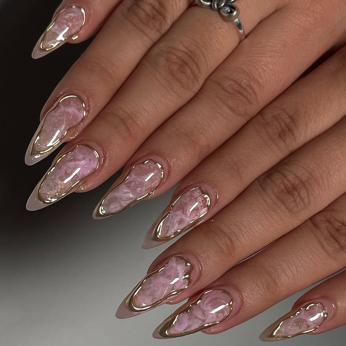 Enchanting Elegance Long Almond Pink Marble with Gold Trim Press On Nail Set