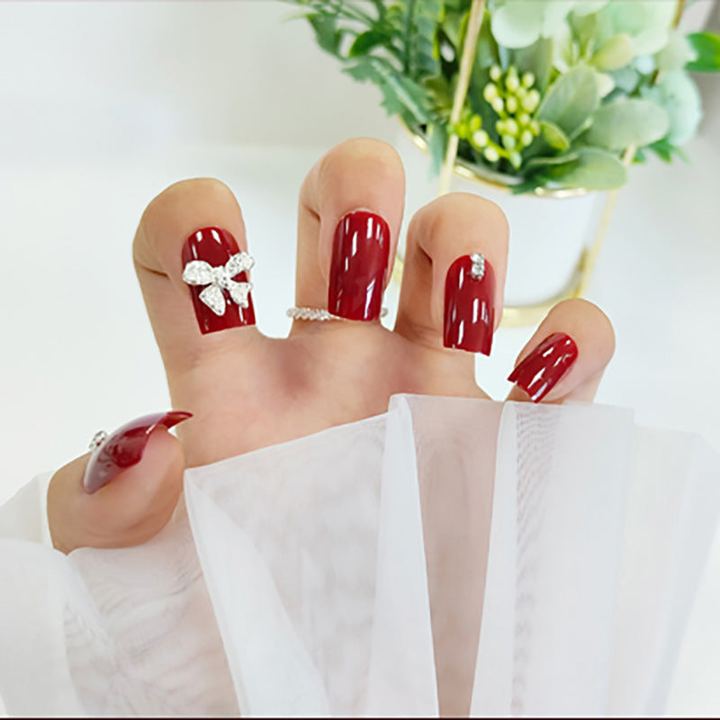 Glamorous Vintage Romance Long Square Burgundy Press On Nails with Elegant Rhinestone and Bow Details
