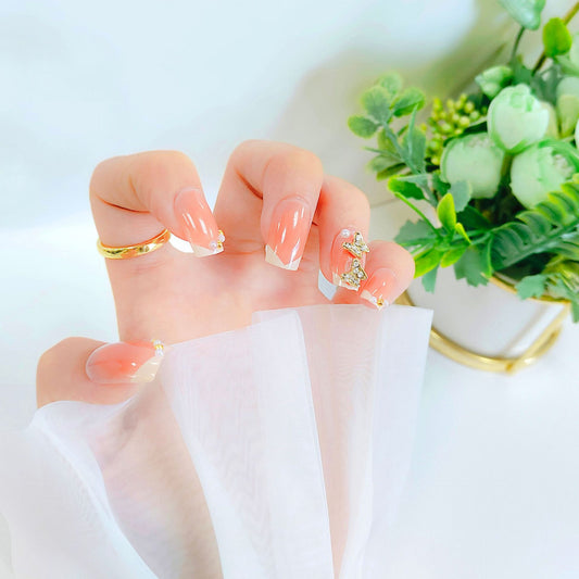 Chic Blossom Long Square Peach Press On Nails with Elegant Rhinestone Accents