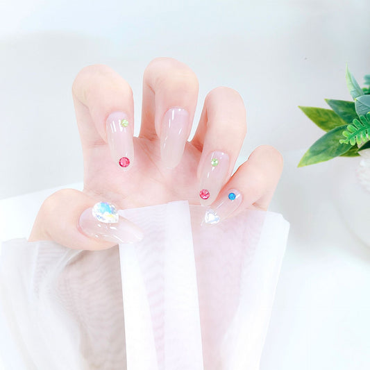 Glamorous Fairy Tale Long Almond Clear Press On Nail Set with Colorful Gem Accents