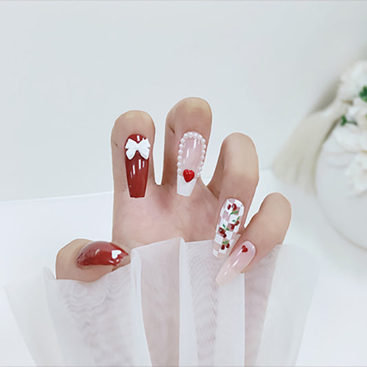 Charming Romance Long Coffin Red and Pink Press On Nail Set with Bow and Cherry Design