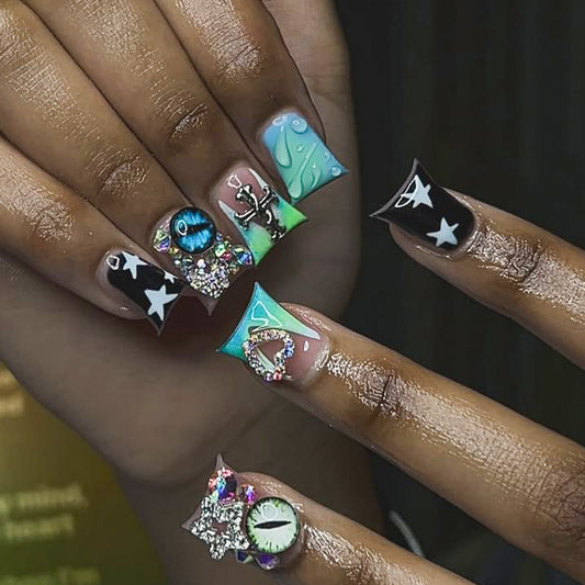 Nautical Glamour Short Duck Aqua Black Colorful Gemstone Detailed Press on Nail Set