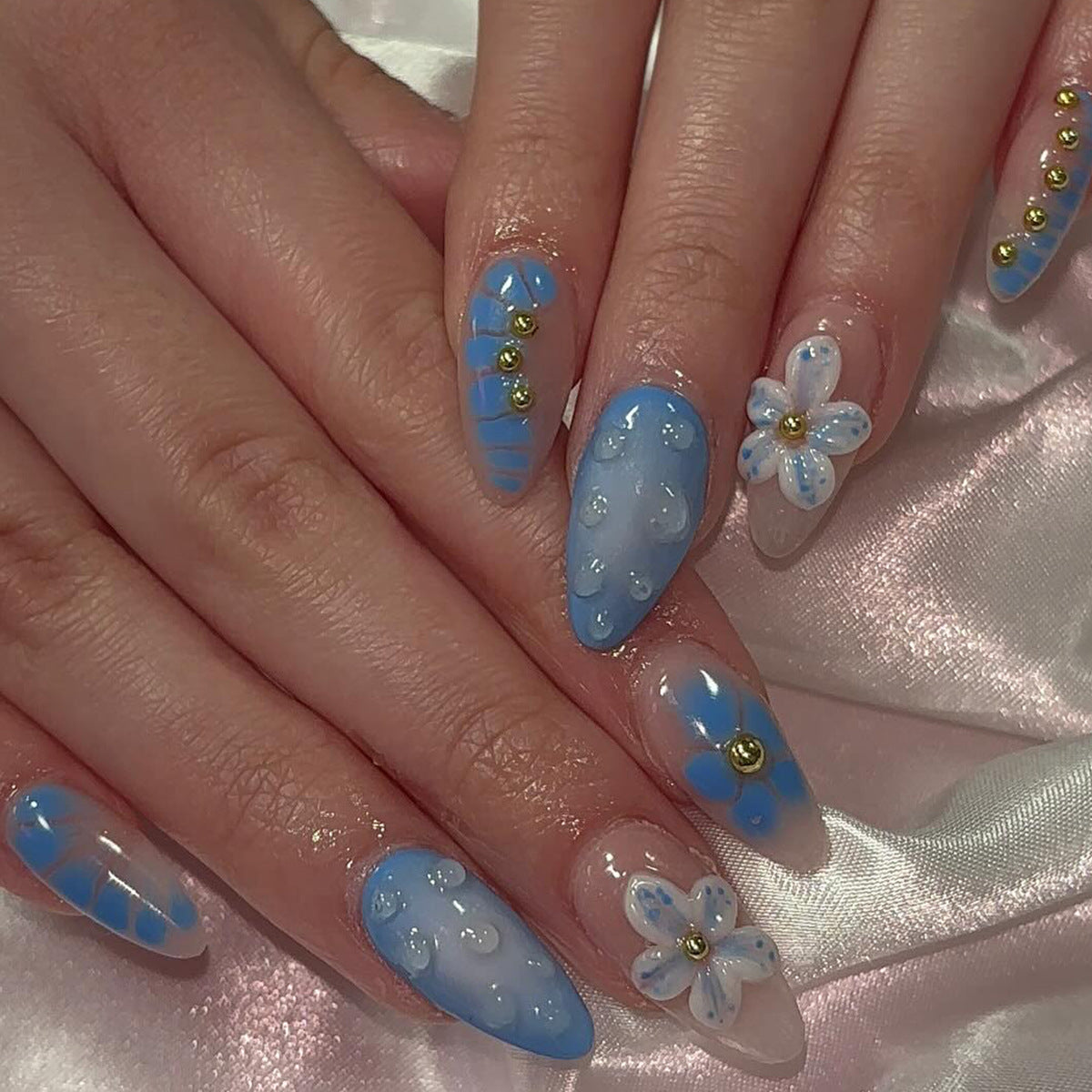 Dreamy Blue Floral Medium Almond Elegant Design Press On Nail Set