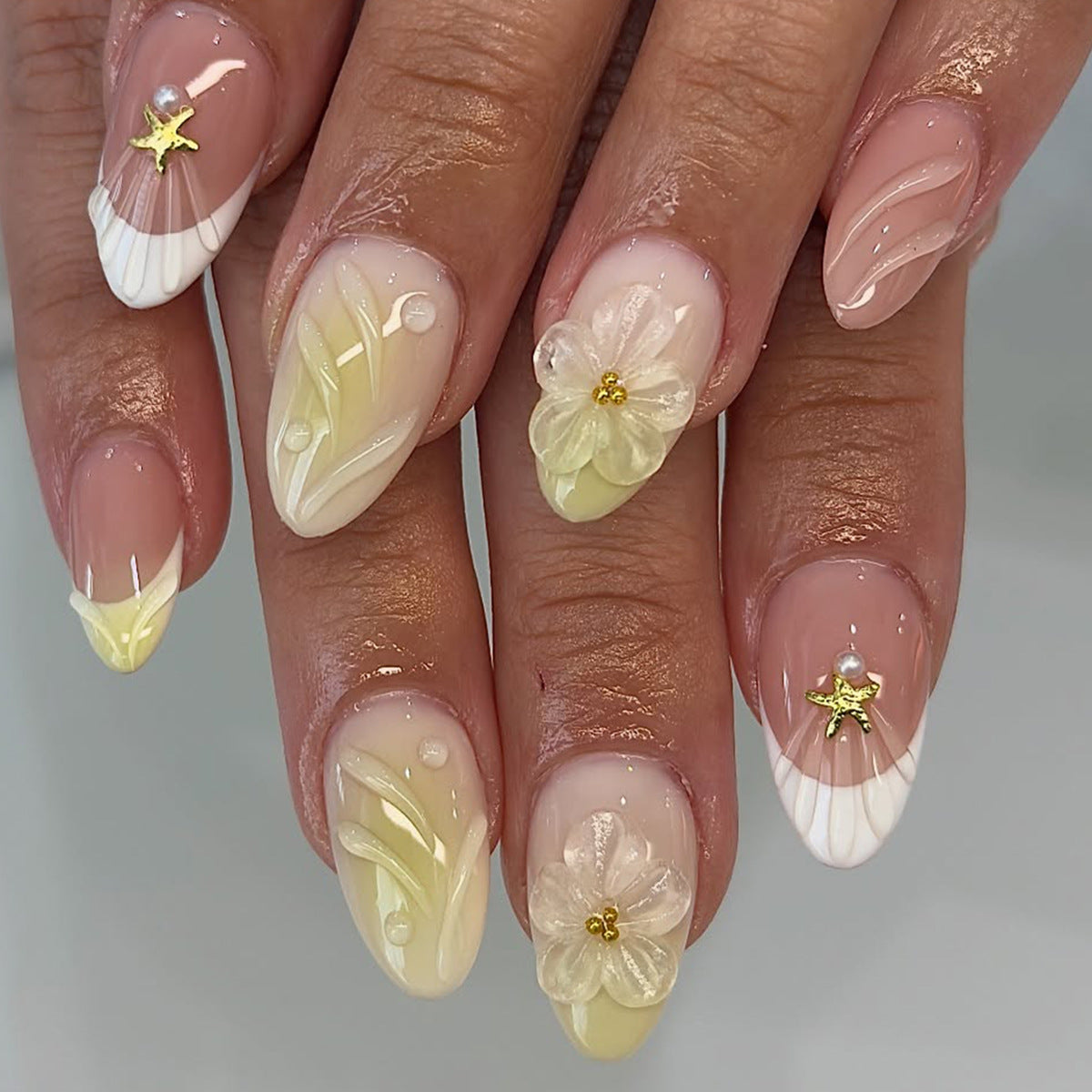 Tropical Bliss Medium Almond Yellow Floral Press On Nail Set