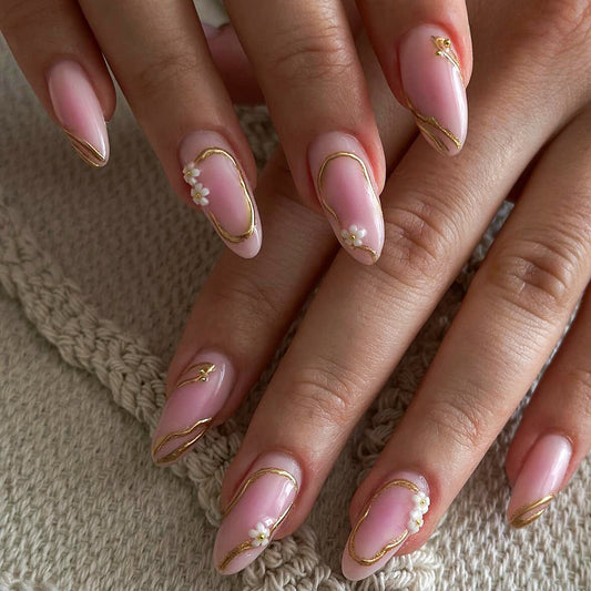 Blooming Elegance Press-On Nail Set Long Almond Pink with Gold Accent and Floral Detail