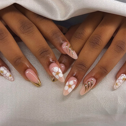 Chic Floral Elegance Long Almond Shaped Beige and White Press-On Nail Set with Gold Accents