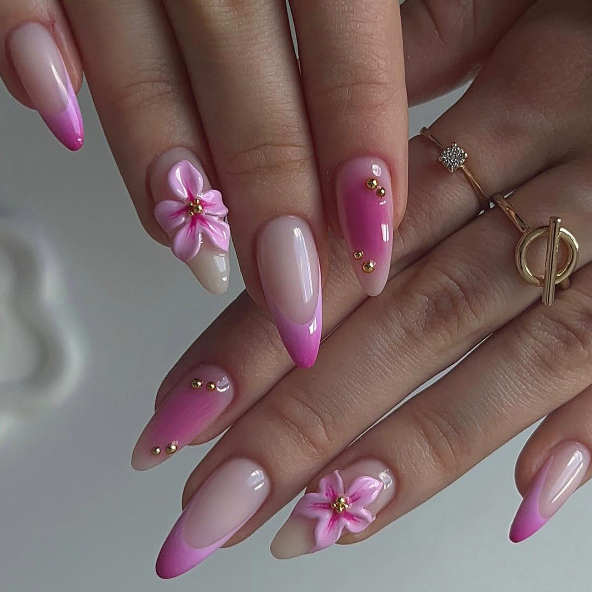 Blossom Elegance Medium Almond Pink Ombre with Floral Accents Press on Nail Set