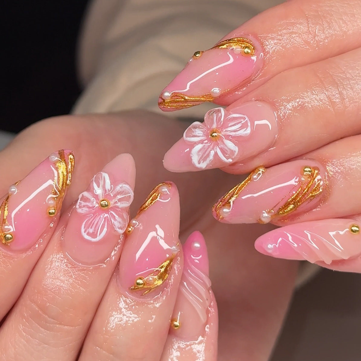 Blossom Elegance Medium Almond Pink Press-On Nail Set with Floral Accents and Golden Detailing