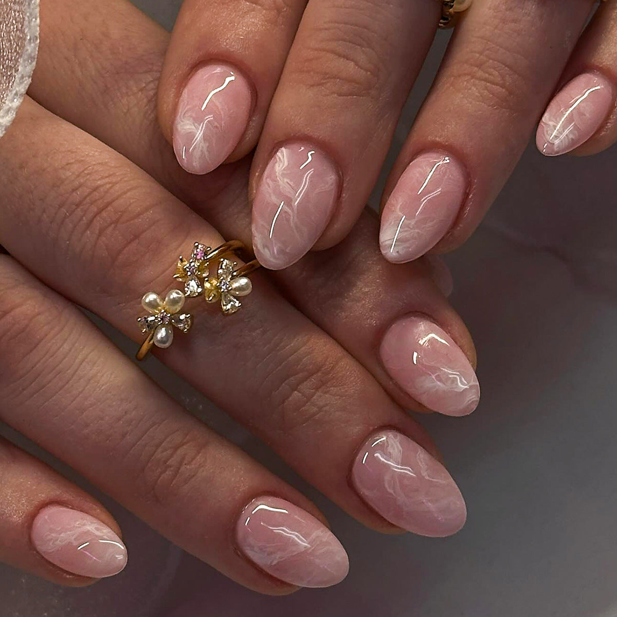 Romantic Elegance Medium Almond Pink Marble Press On Nail Set with Glossy Finish