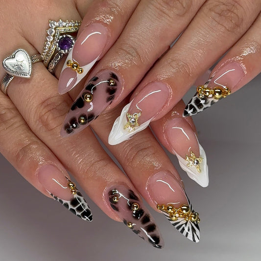 Chic Elegance Long Stiletto Gradient Pink and Black with Gold Accents Press-On Nail Set