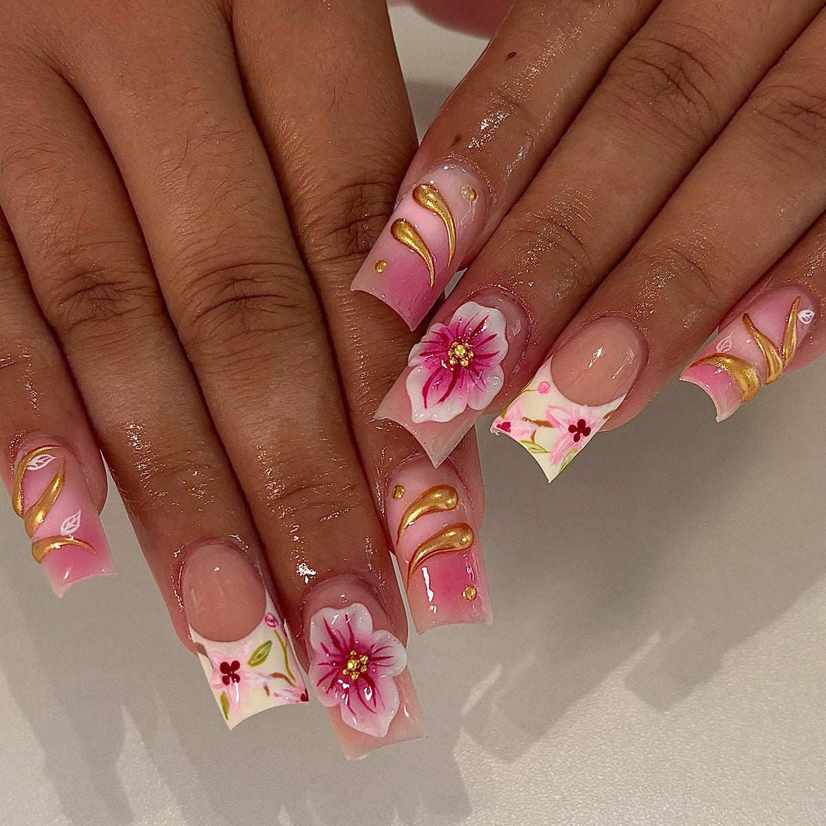 Blossom Dreams Long Square Pink Floral Press-On Nail Set with Elegant Gold Accents