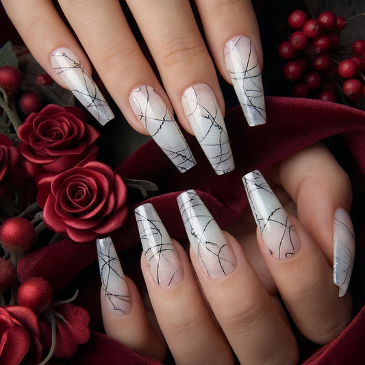 Elegant Whisper Long Coffin Shaped Matte White with Intricate Black Lines Press On Nail Set