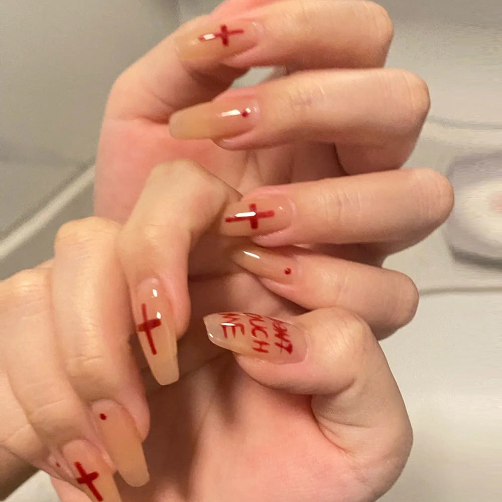 Gothic Elegance Long Coffin Beige Press On Nail Set with Intricate Red Cross Designs