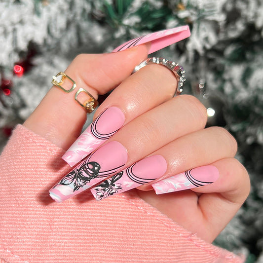 Butterfly Chills Long Coffin Pink Bold Press On Nails