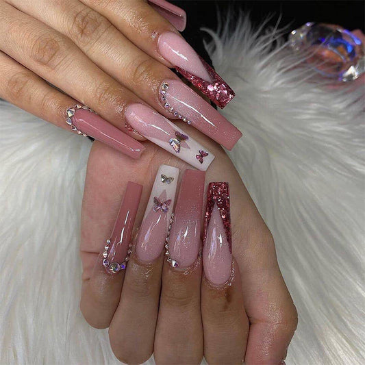 Currently Off Long Coffin Pink Studded Press On Nails
