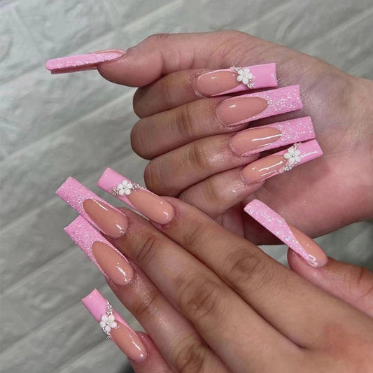 Love You Flower Long Coffin Pink Everyday Press On Nails