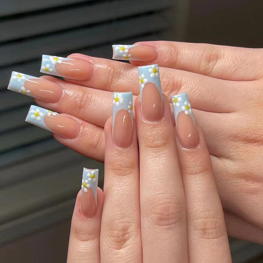 Excited To Breathe Long Coffin Blue Floral Press On Nails